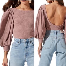 ASTR The Label Balloon Sleeve Scoop Open Back Bodysuit Textured Pink Medium
