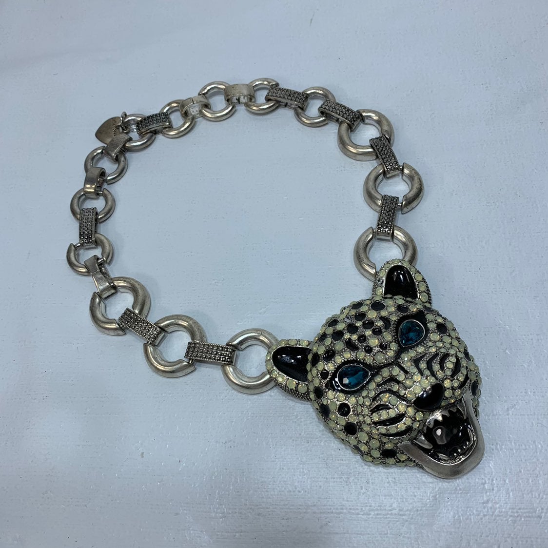 Betsey Johnson White Tiger Rhinestone Head Necklace