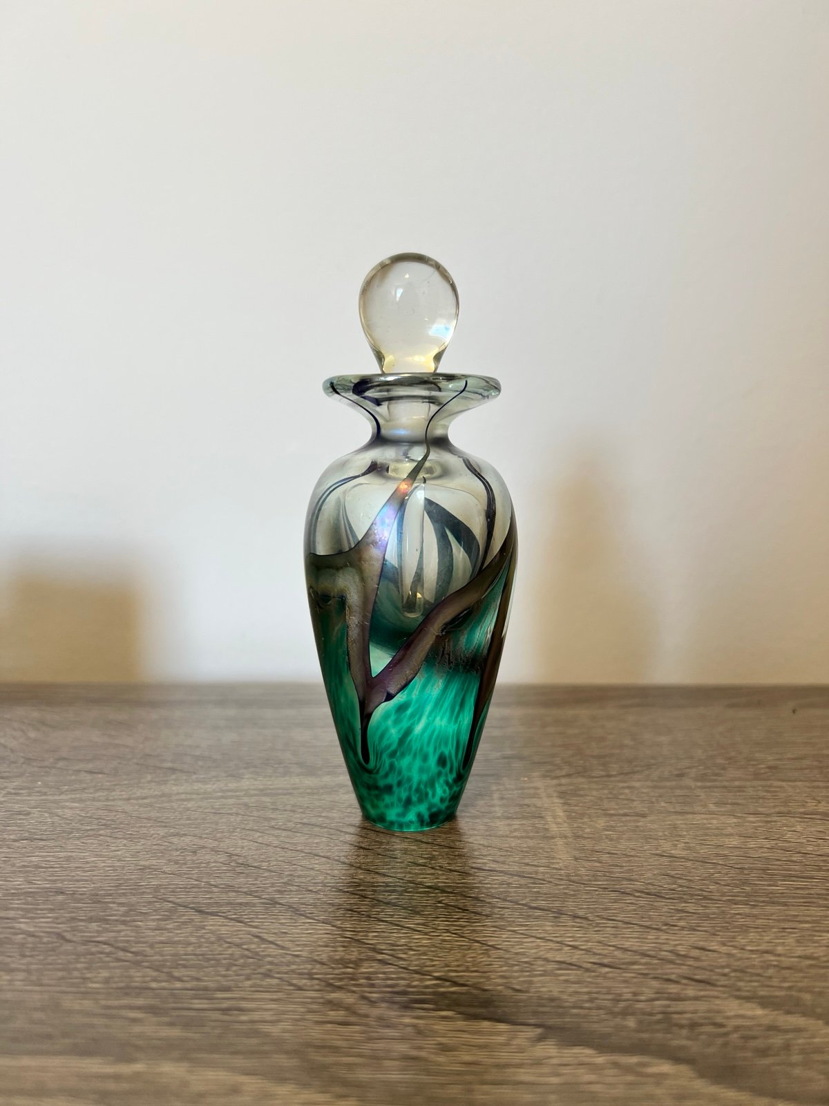 Robert Held 4.5" Art Glass Blue Teal Iridescent Pulled Feather Perfume Bottle