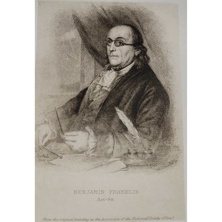 BENJAMIN FRANKLIN Founding Father Etched by Albert Rosenthal 1889 Antique Print