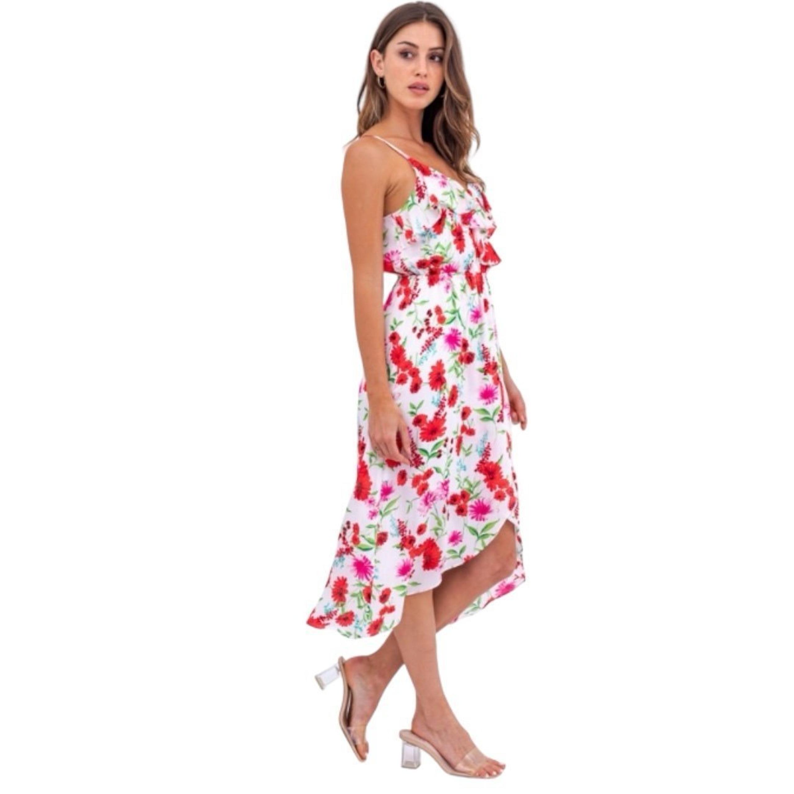 Gilli Spaghetti Strap Midi Dress w/ Ruffle Detail Floral Details Adjustable L