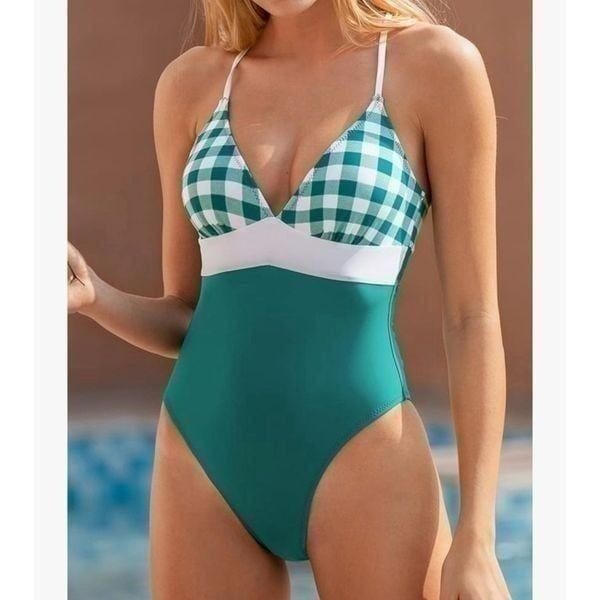 Cupshe Lace Up One Piece Swimsuit Green Gingham Print Size Medium NWT