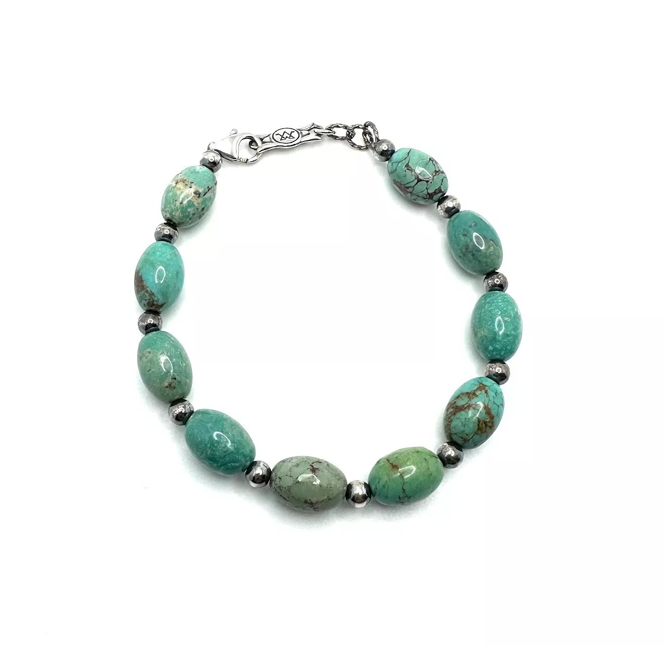 American West Sterling Silver Blue Turquoise Oval Gemstone Bead Bracelet 8-1/4