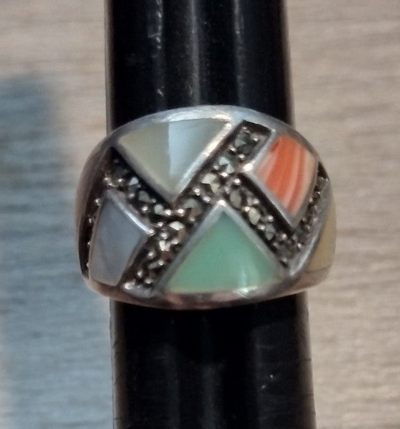Silver Marcasite Gemstone Inlay Ring