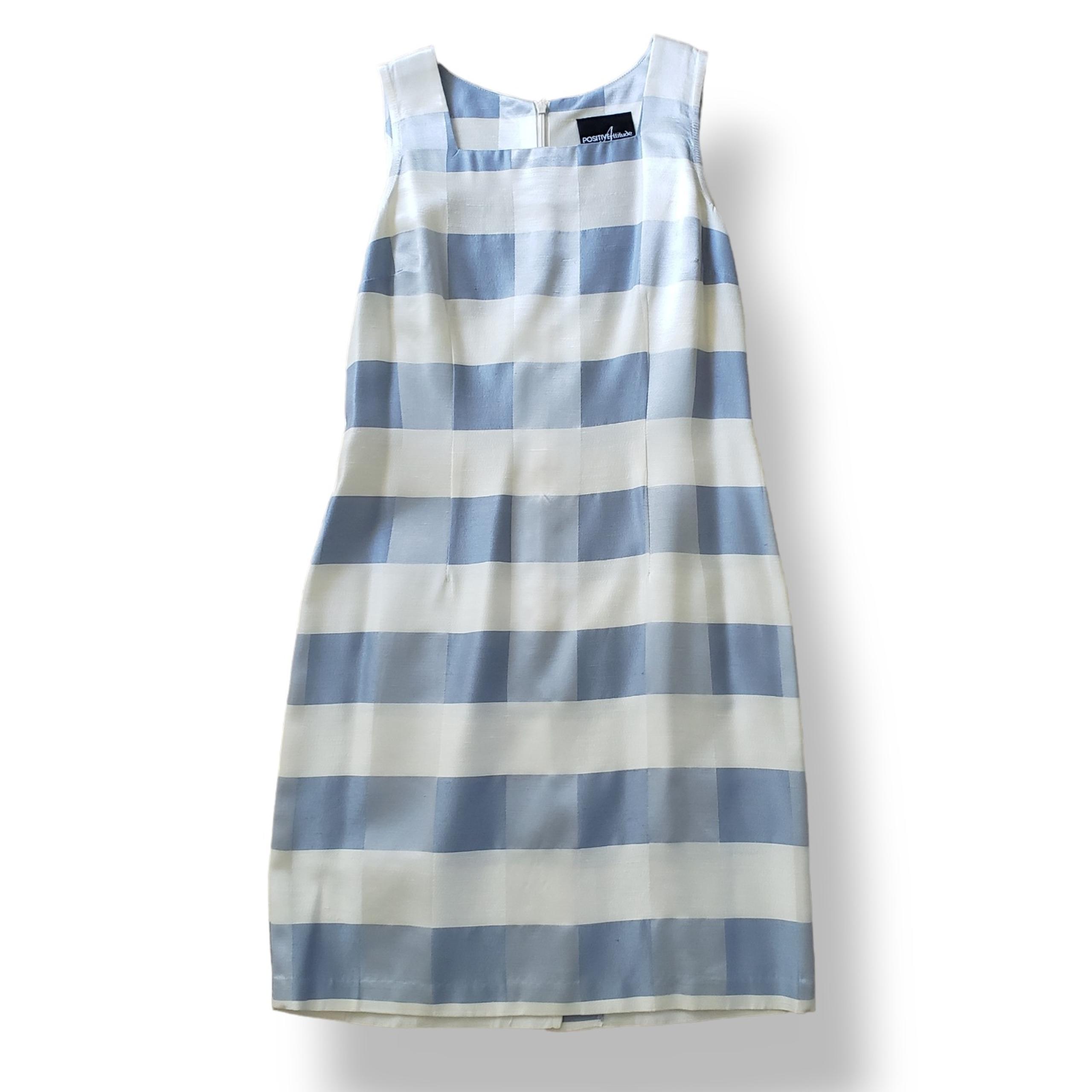 Vintage 90s Petite Blue White Check Satin Zip Up Sleeveless Sheath Dress Size 8P