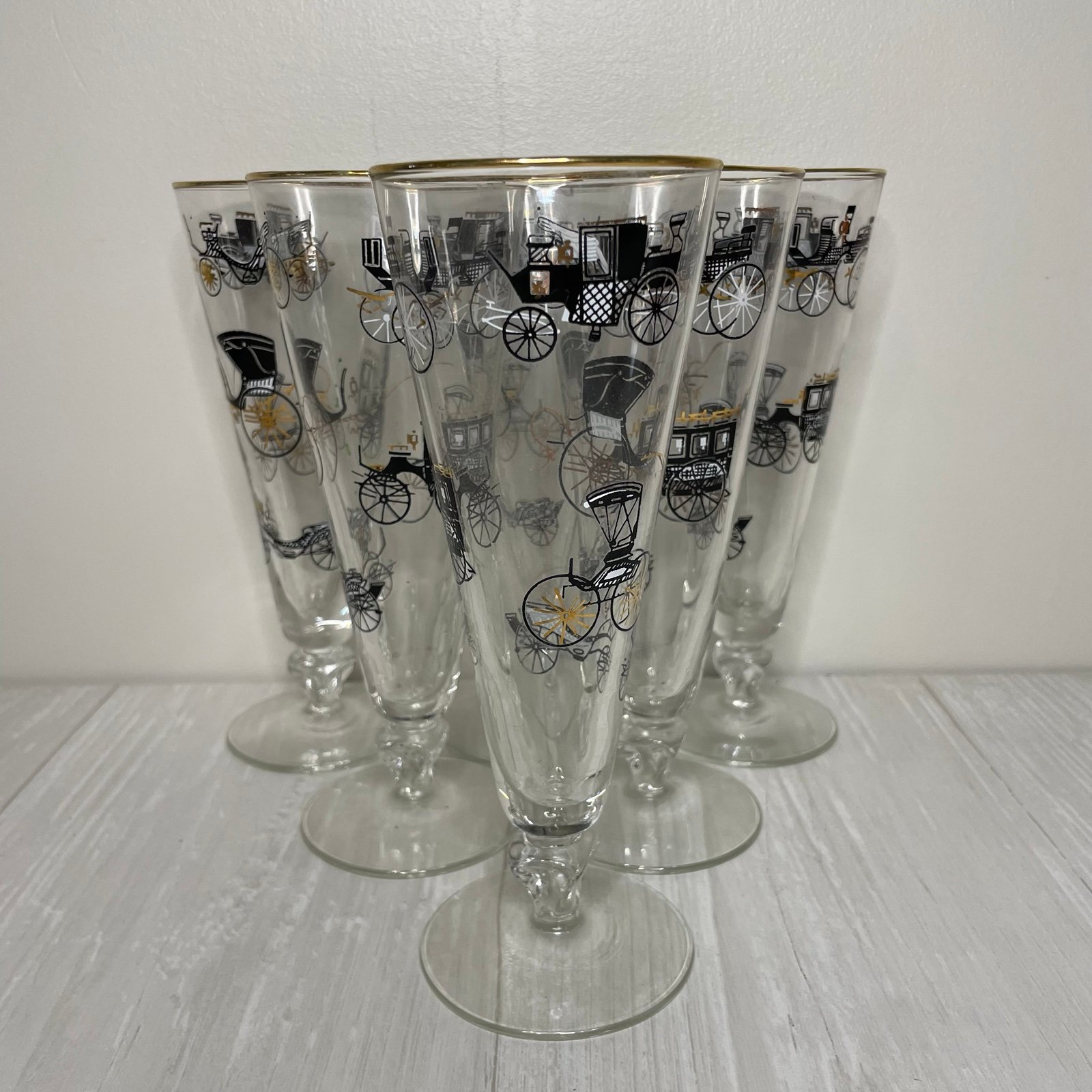 Vintage Pilsner Libbey Antique Cars Glass, Black Graphics and Gold Rim, Set Of 6