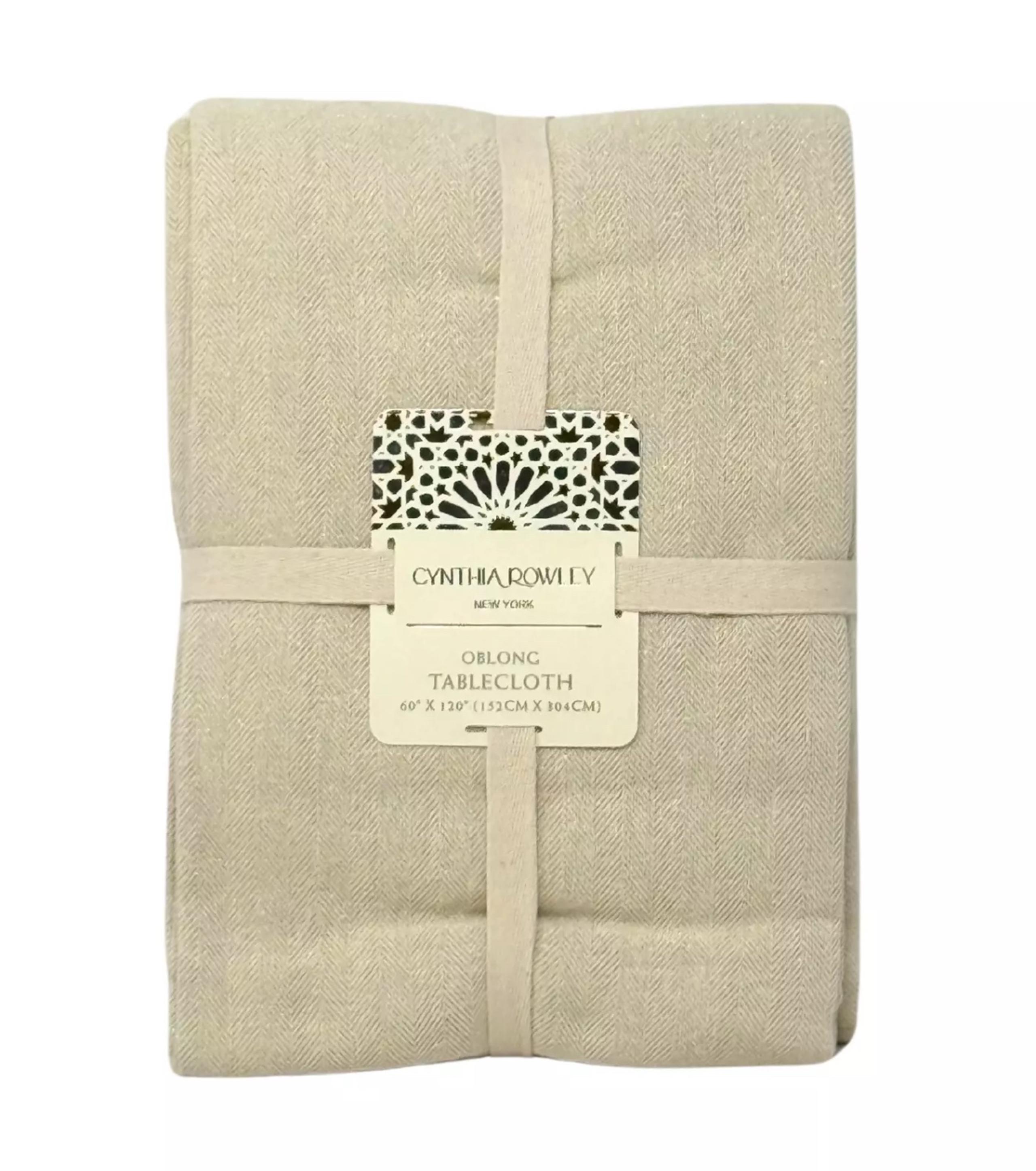 CYNTHIA ROWLEY 60 x 120" Holiday Natural & Gold Cotton Blend Designer Tablecloth