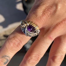 Amethyst wire wrapped copper and sterling silver ring with garnet accent