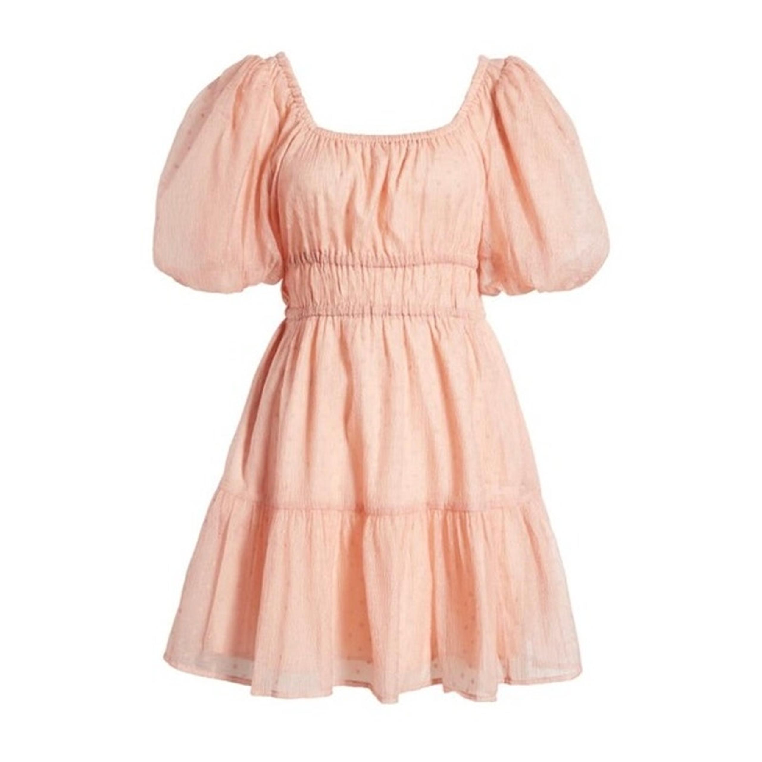 Chelsea28 Pinky Beige Puff Sleeve Pockets New Womens Babydoll Mini Dress Medium