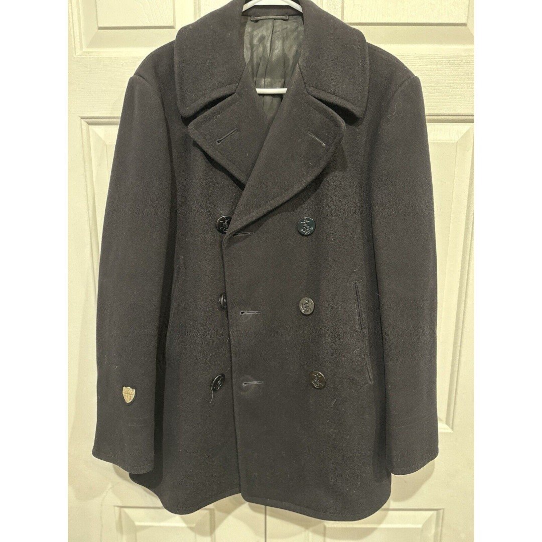 US Navy Pea Coat Men 36R BLACK Overcoat 100% Wool USA Made Military Coast guard