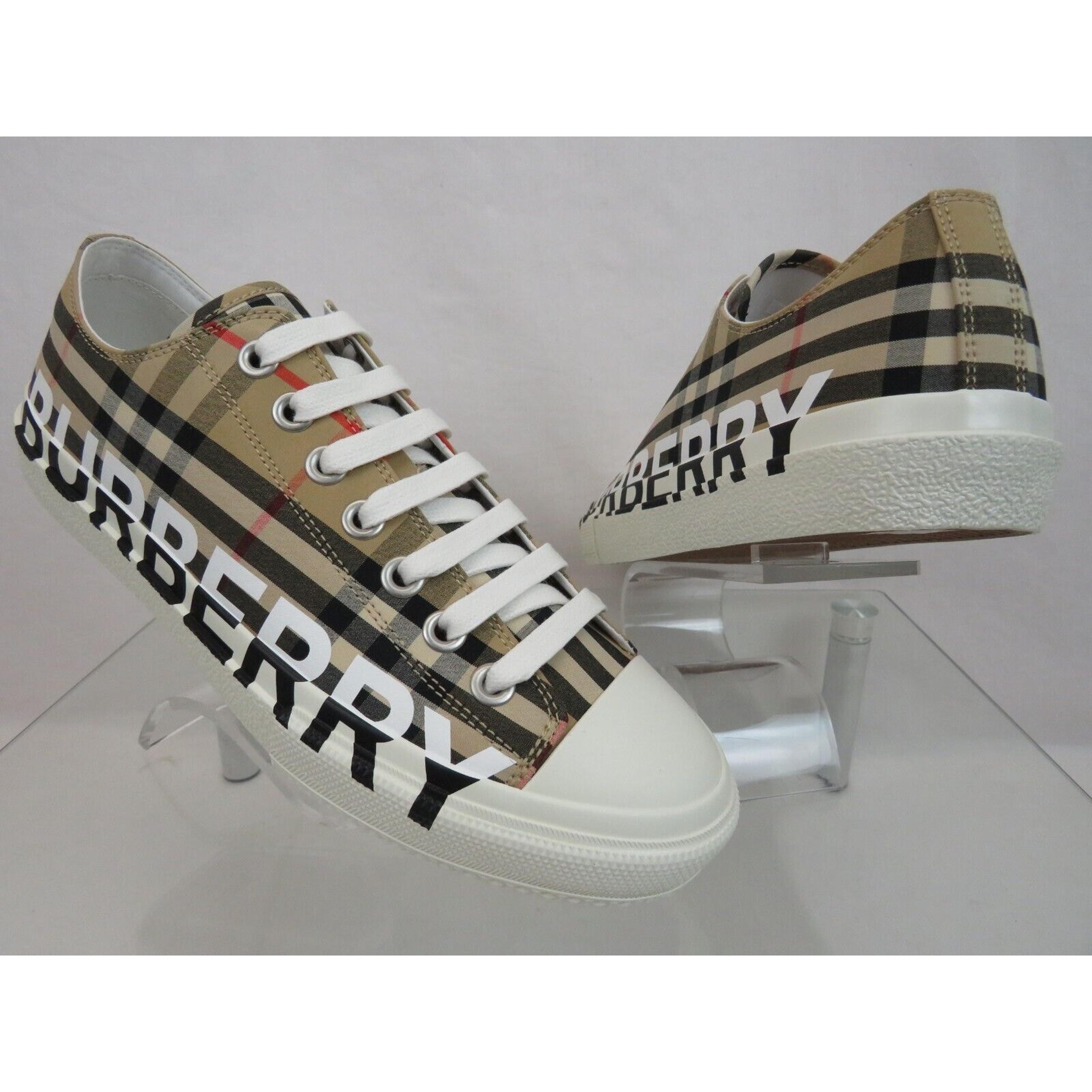 NIB BURBERRY LARKHALL BEIGE CHECK CANVAS LOGO WHITE CAP TOE UNISEX SNEAKERS 42