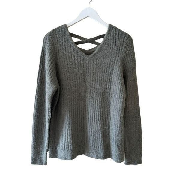 Love & Ellie Ribbed Crisscross Back V-Back Pullover Ribbed Fuzzy Olive Army Gree