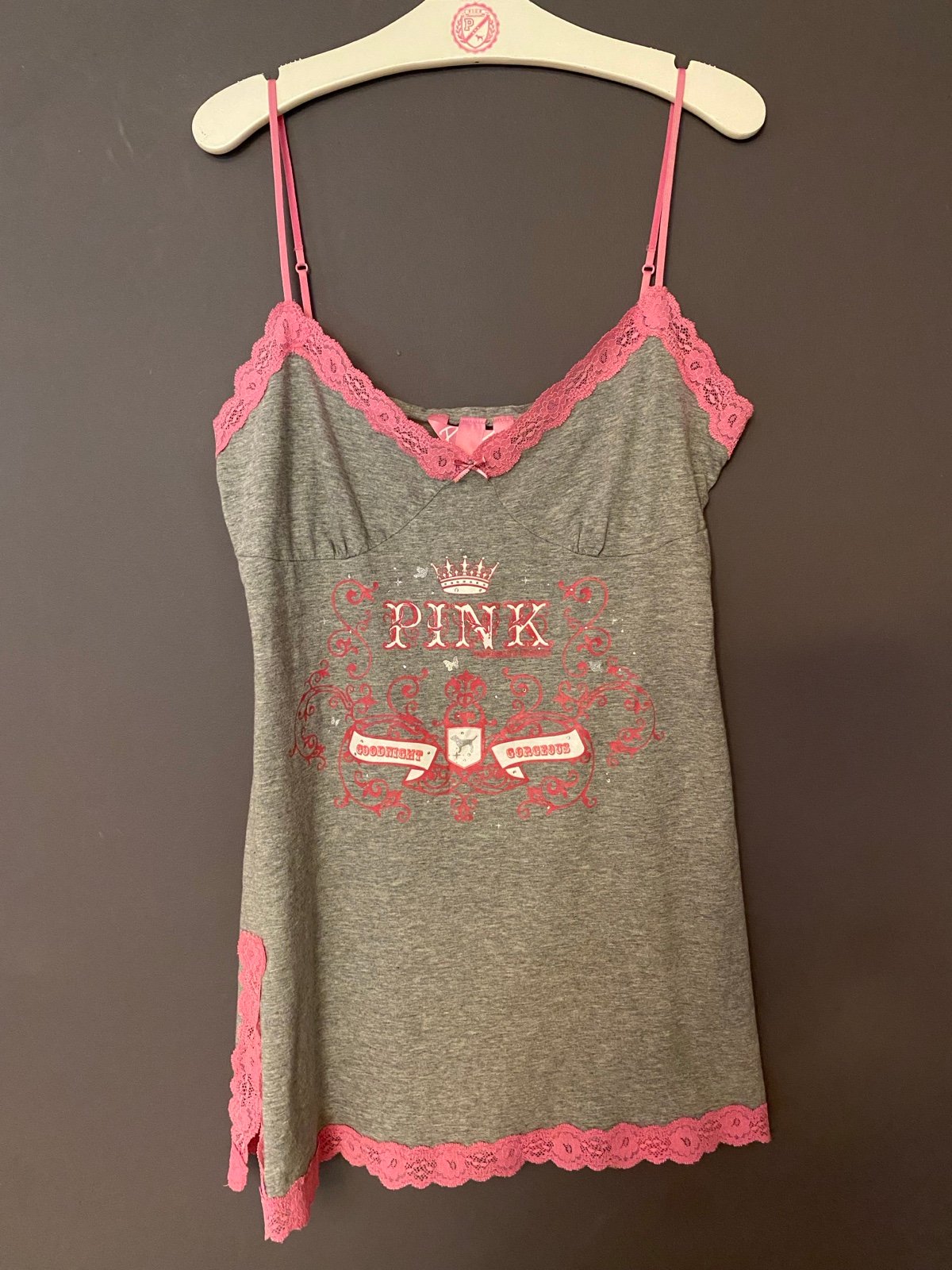 VS PINK VINTAGE Y2K GRAY LACE SLIP DRESS NIGHTGOWN PUP RHINESTONES RARE HTF L