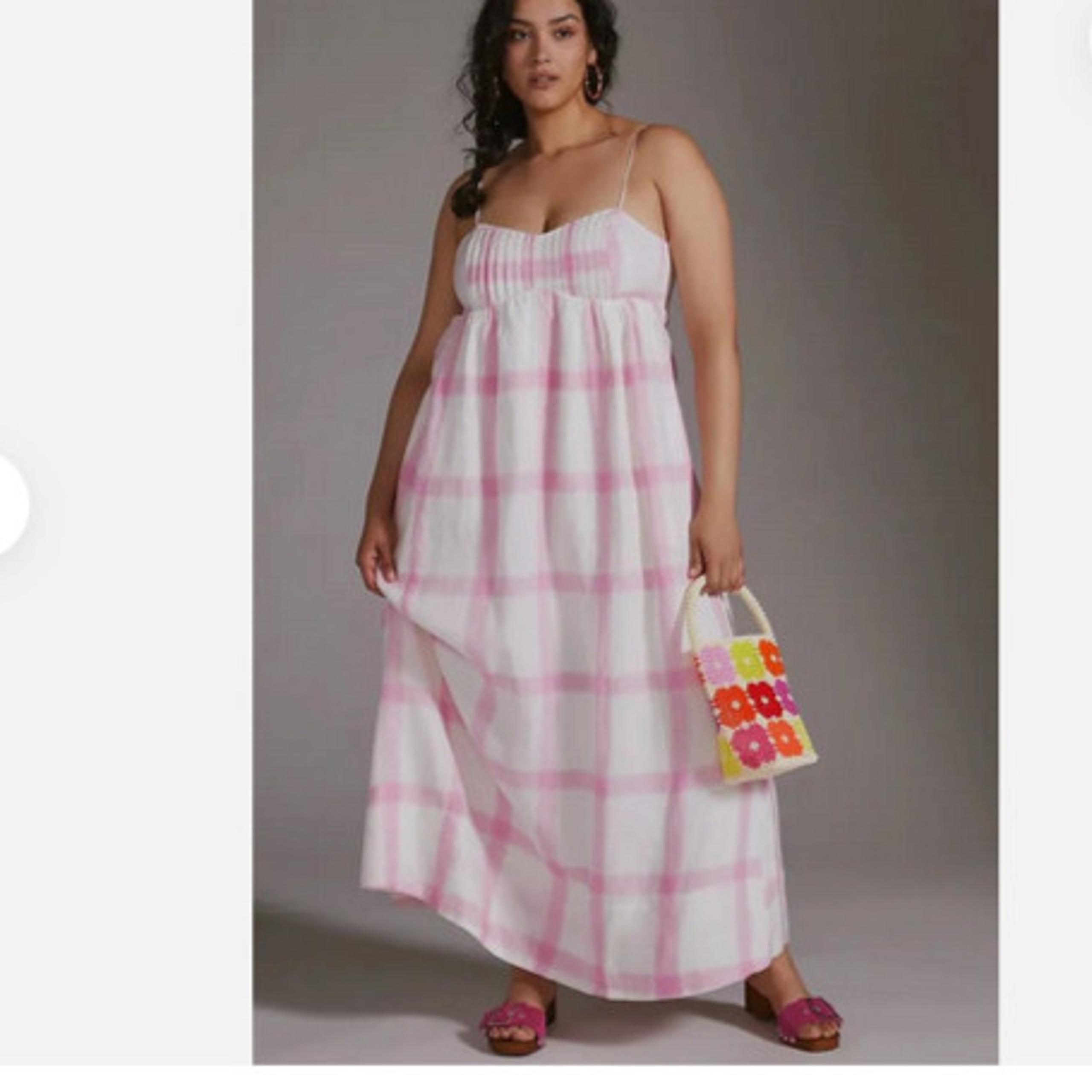 NWT Anthropologie Maeve 1X Plaid Linen Tie-Back Maxi Dress Bohemian Pink White