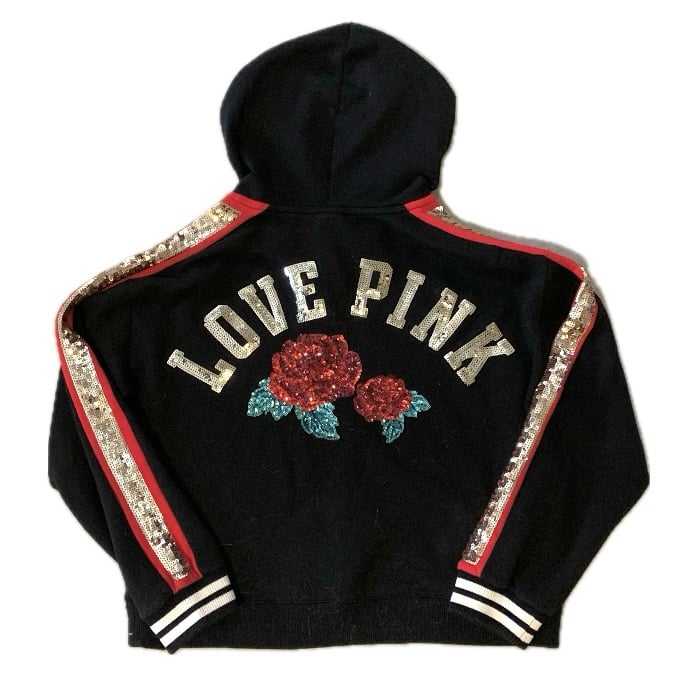 Victoria's Secret PINK Lace-Up Perfect Hoodie – Size Large Black Sequin rose
