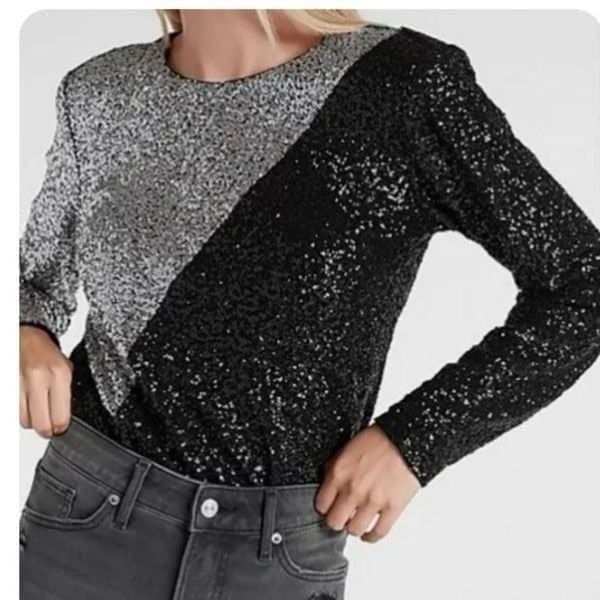 Express black and silver sequin color block long sleeve body suit.Size XS NWT