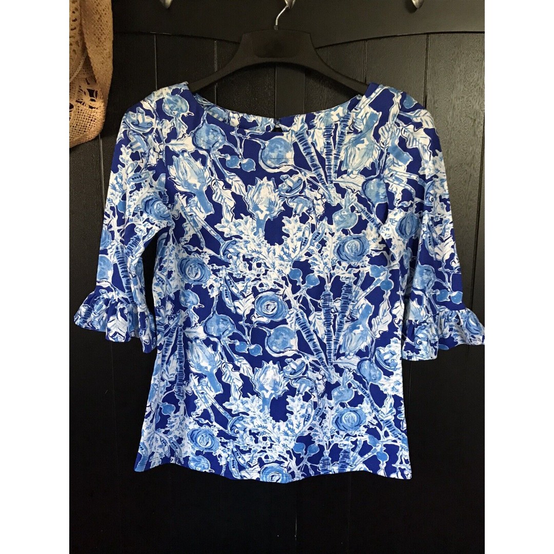 Lilly Pulitzer Small Tunic Top Boat Neck Blue/White Pretty Peas Cotton Spandex