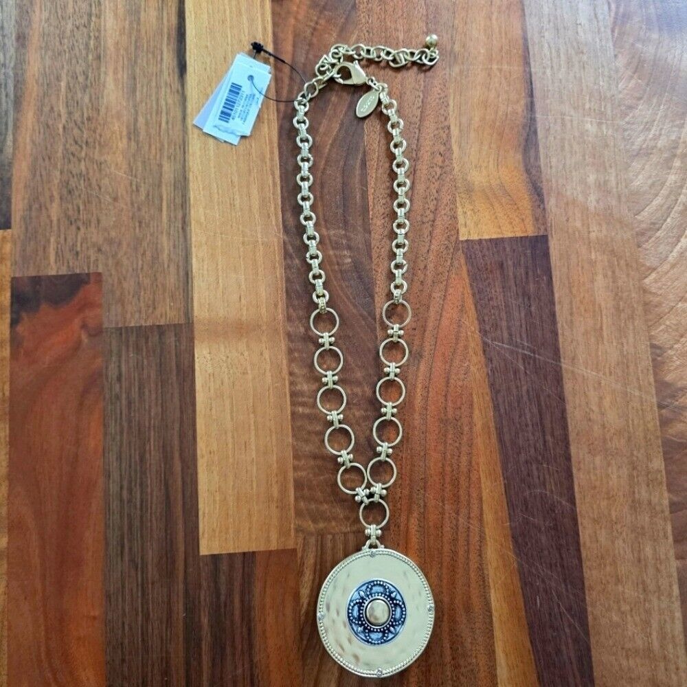 NWT Chico's Chunky Gold & Silver Medallion Pendant Adjustable Chain Necklace