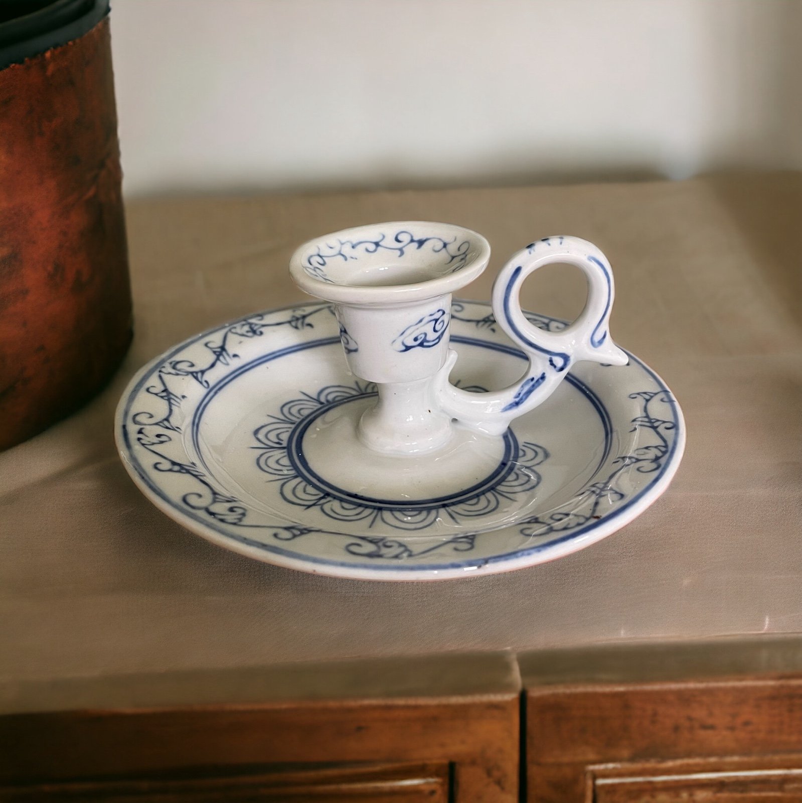 Two Ming Dynasty Porcelain Candle Holders Vintage White & Blue Asian Decor