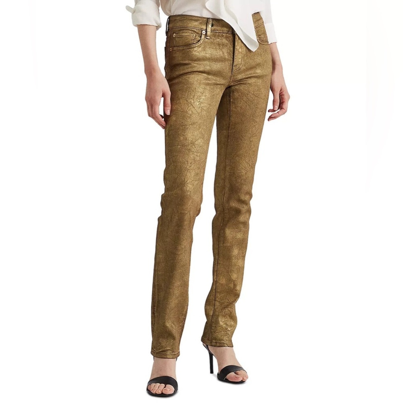 NWT Lauren Ralph Lauren Coated Metallic Skinny Ankle Stretch Jeans | Gold | 25/0