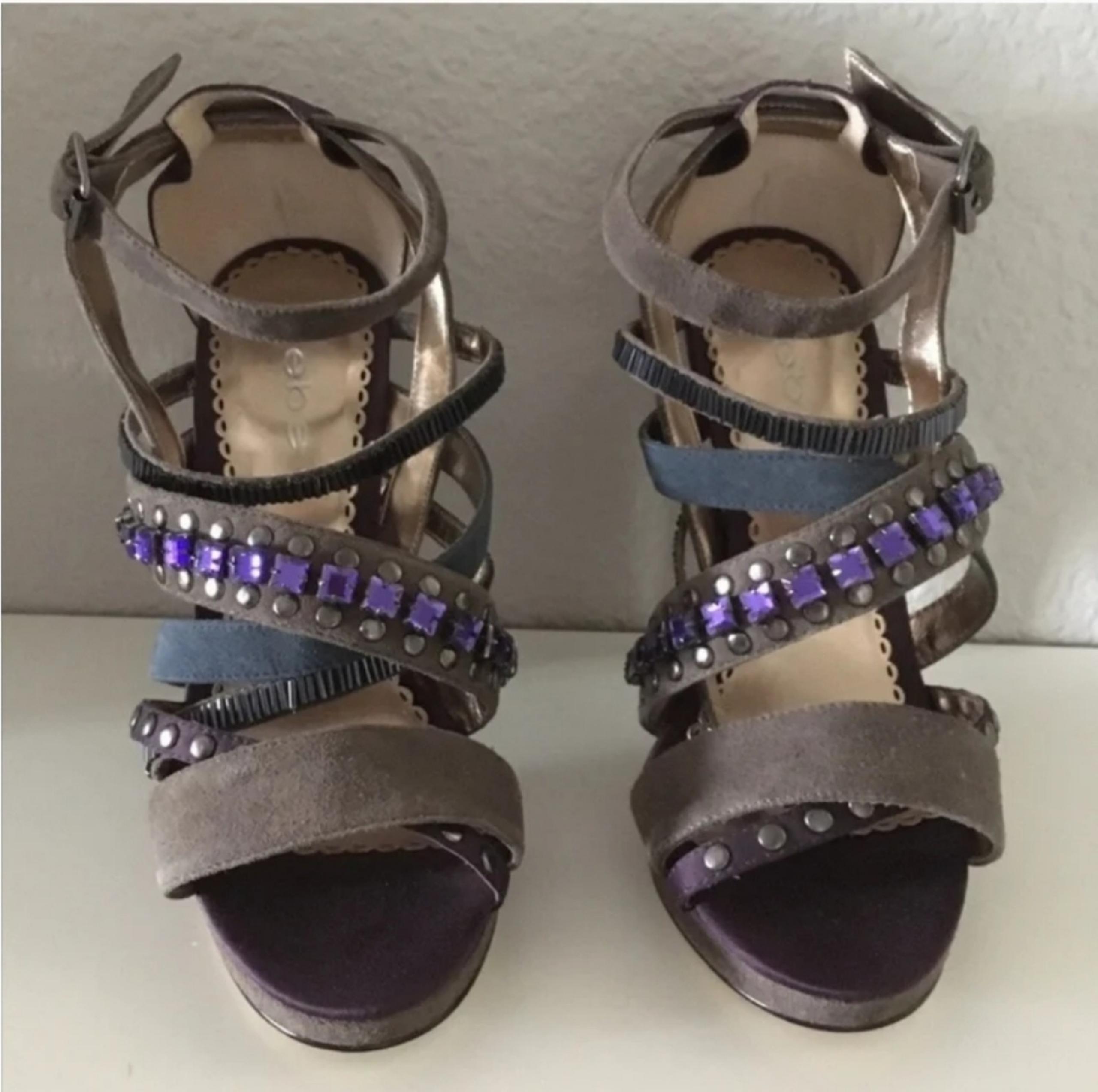 $160 NEW Bebe Crystal Studded Beaded Purple Grey Dress High Heels Shoes 7