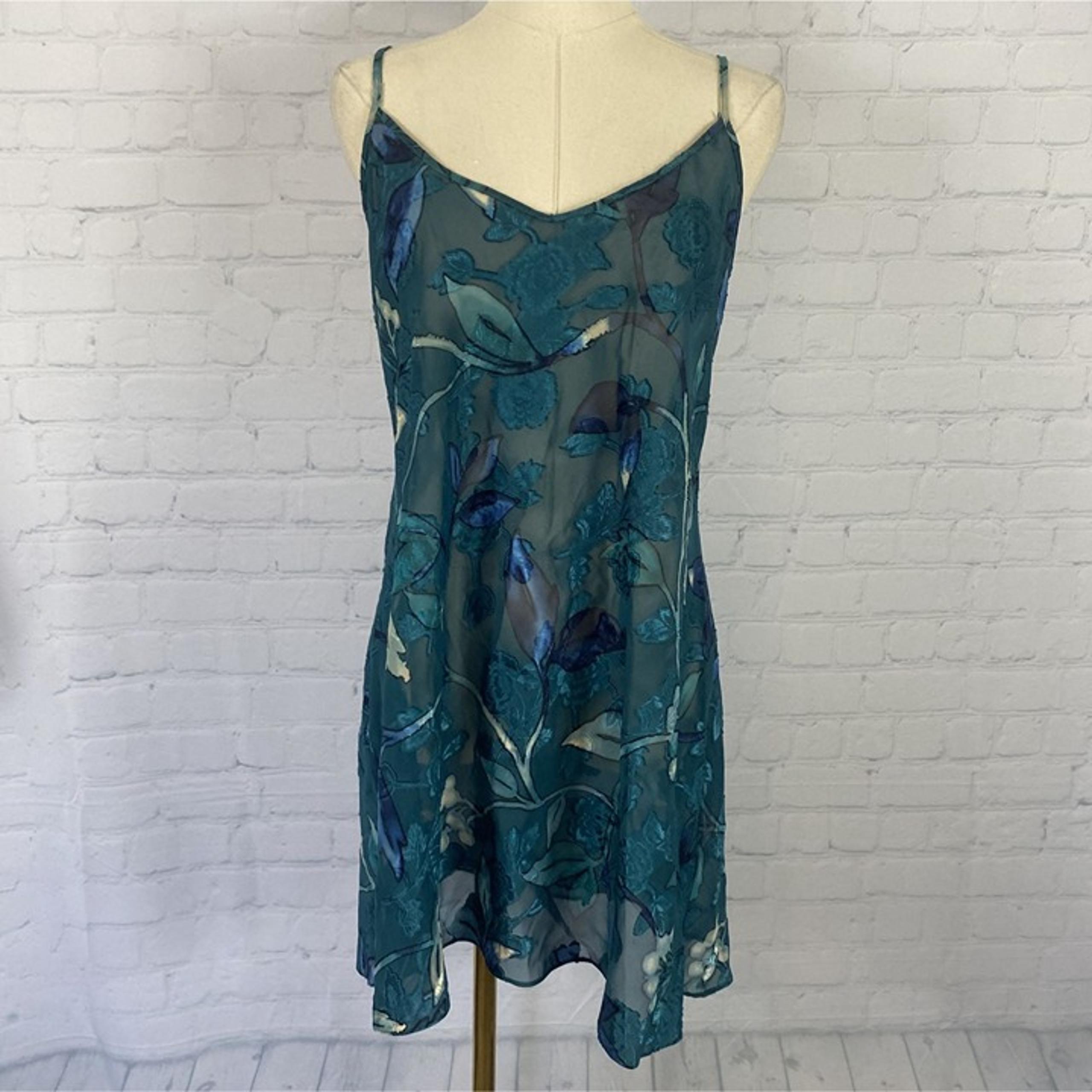 Vintage 90s Angelique L Blue Green Floral Burnout Sheer Lace-up Slip Dress