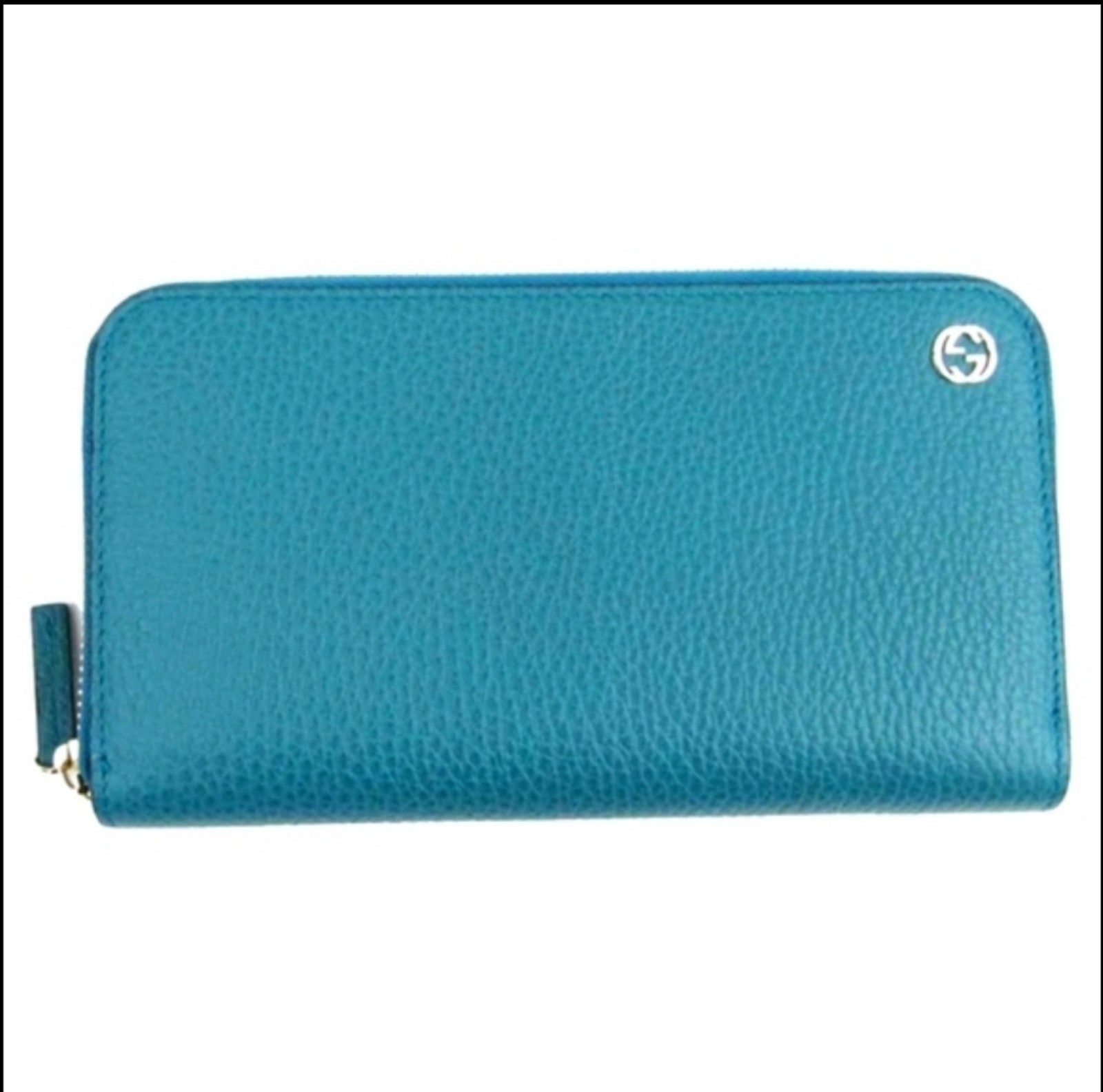 Auth Gucci Deep Cobalt Blue Turquoise GG Interlocked Leather Zip Around Wallet