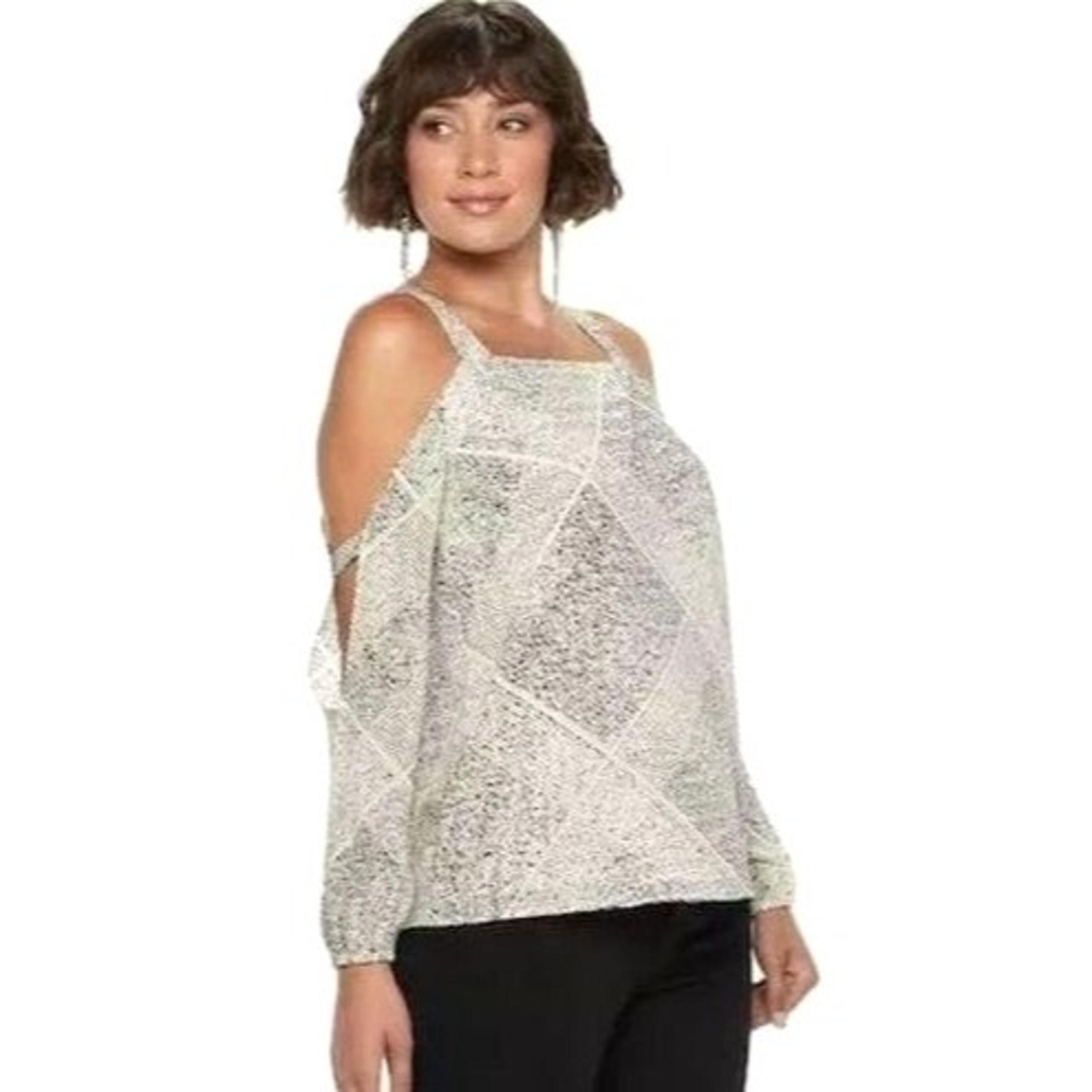 Juicy Couture Ivory And Black Geometric Cold Shoulder Long Split Sleeve Top L