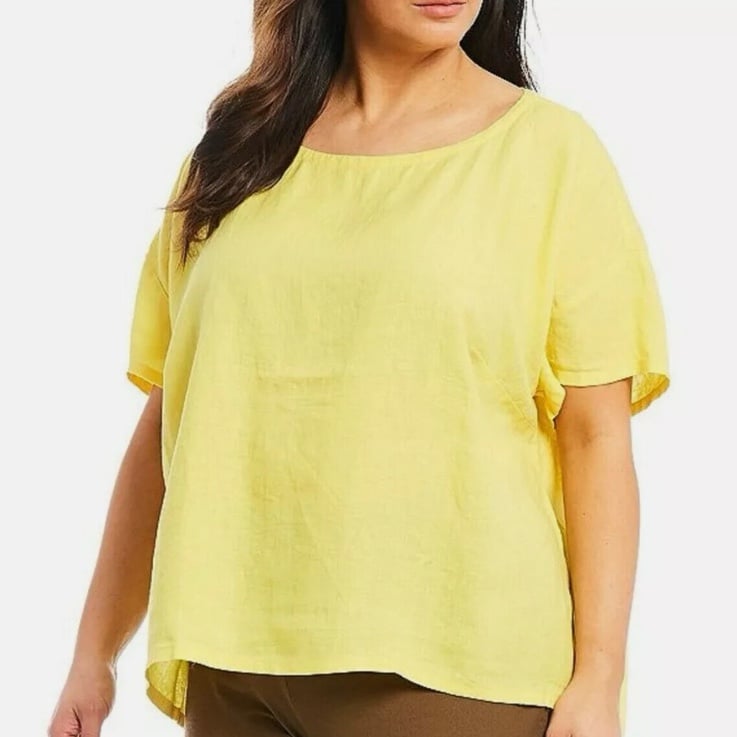 Eileen Fisher Organic Handkerchief Linen Bateau Neck Top Women’s XL Yellow