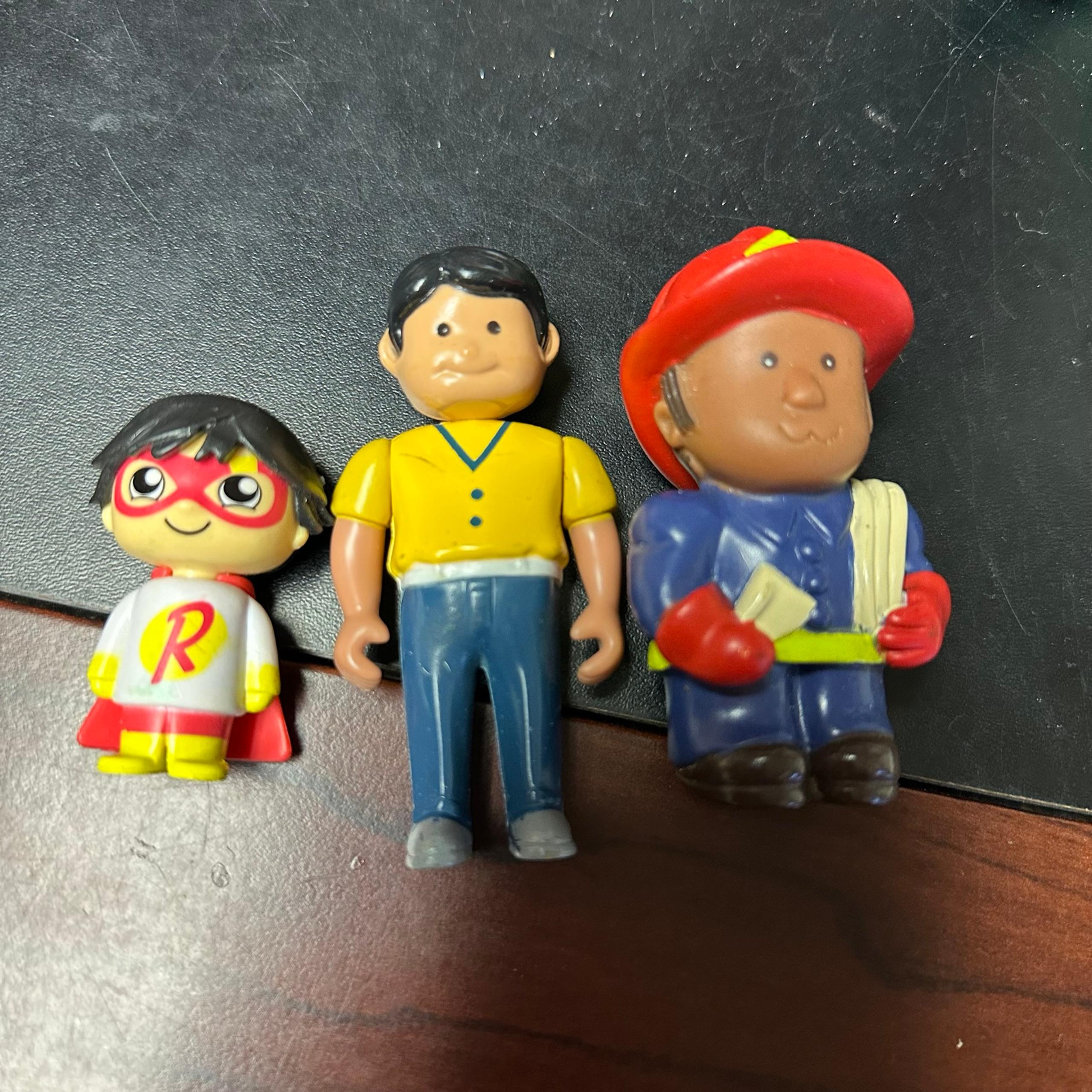 Lot of 3 Figures Ryan's World Superhero and Battat Fireman Blue Jeans Yellow