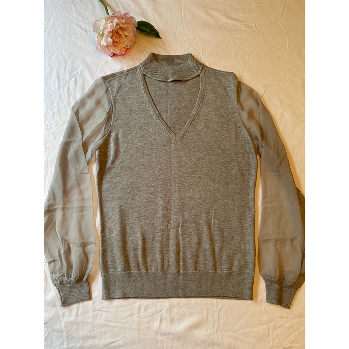 Ramy Brook Sheer Sleeve Sweater Lightacademia Officecore Gray Cashmere Silk Co