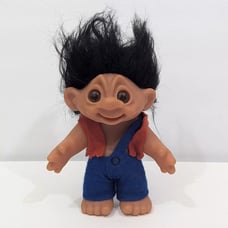 Vintage Thomas Dam Troll Doll Black Hair Brown Eyes Overalls 1977