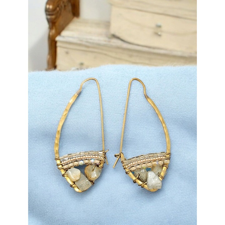 Artisan Handmade Vintage Earrings Boho Gold Tone Beads & Natural Stones
