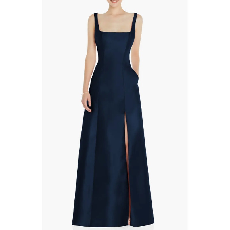 Alfred Sung Square Neck Satin A-Line Gown Women's 14R Navy Blue Sleeveless NWOT