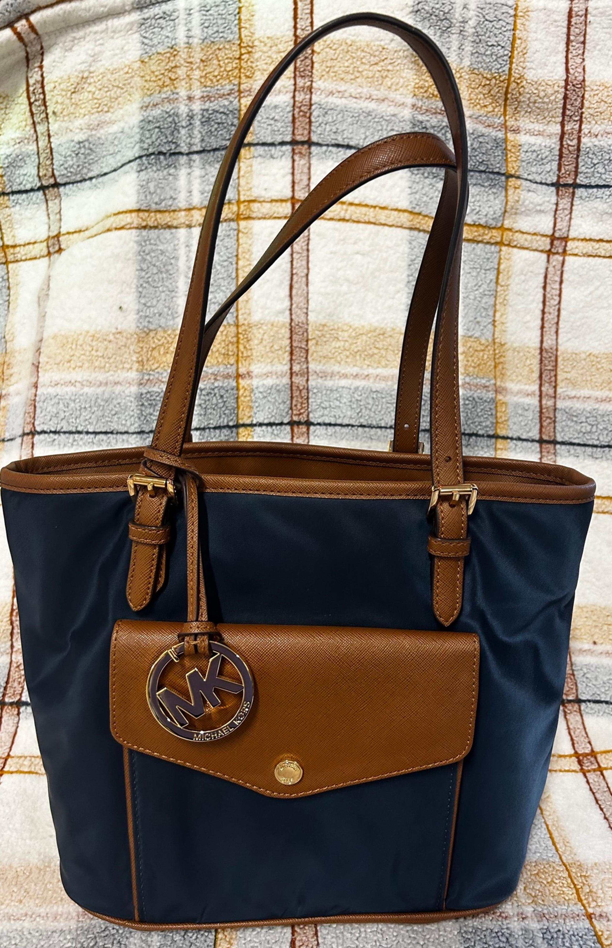 Michael Kors Jet Setter Navy Blue Nylon Tote Brown Leather Trim New Without Tags