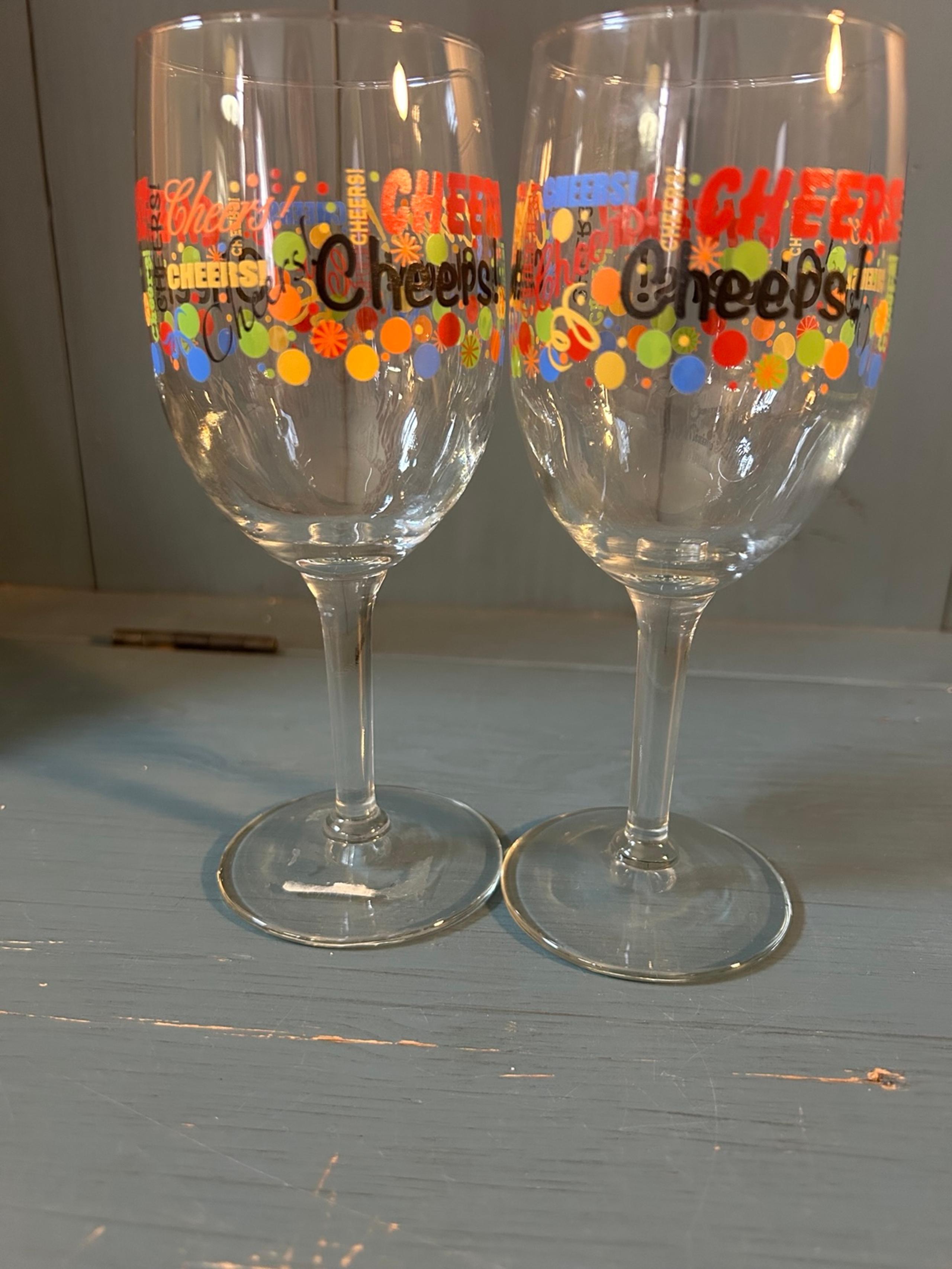 Lot of 2 New Years Glass Goblets “CHEERS” Colorful Stemware Celebration 7" Tall