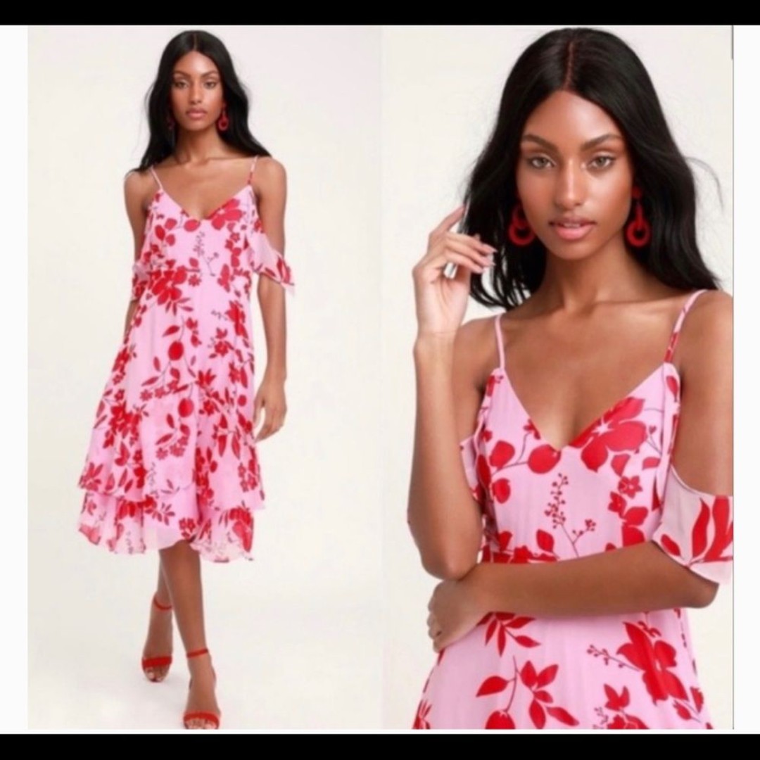 Lulu's Pink/Red Floral Print Midi Summer Dress. Chiffon, over the shoulders - Sm