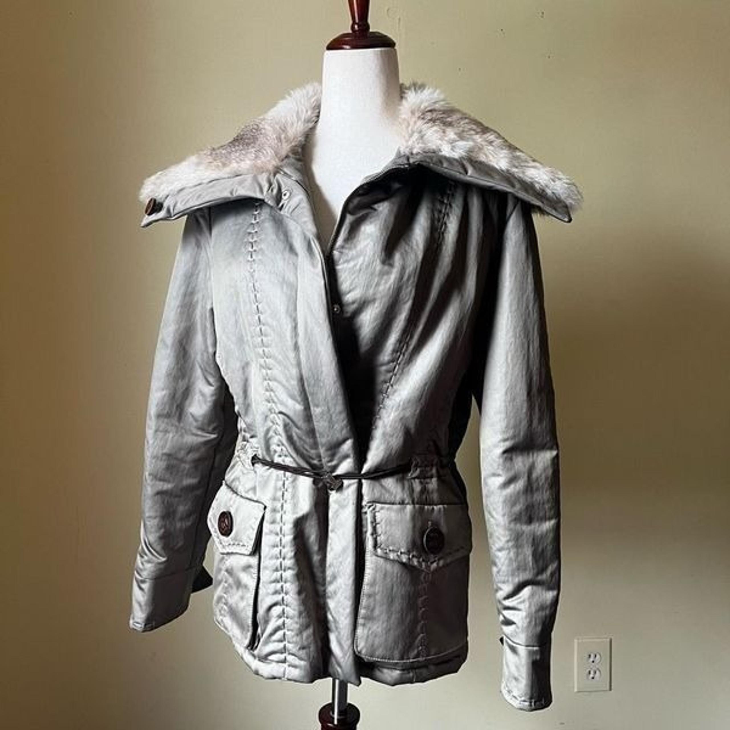 Cinzia Rocca Zip Up Nylon Coat With Rabbit Fur Collar Silver Gray Medium