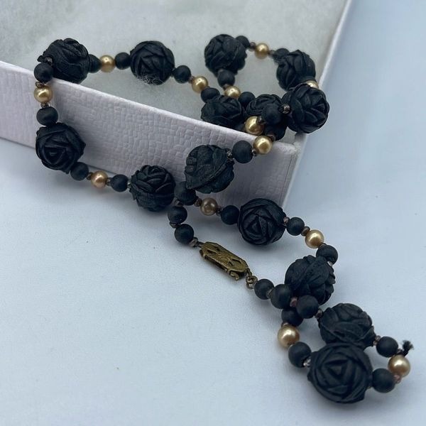 Vintage Victorian black rose pressed beaded mourning necklace.