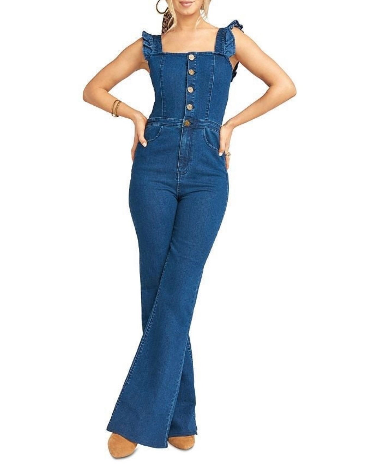 Show Me Your Mumu Rhea Denim Jumpsuit Ruffled Flare Wide Leg Size Small