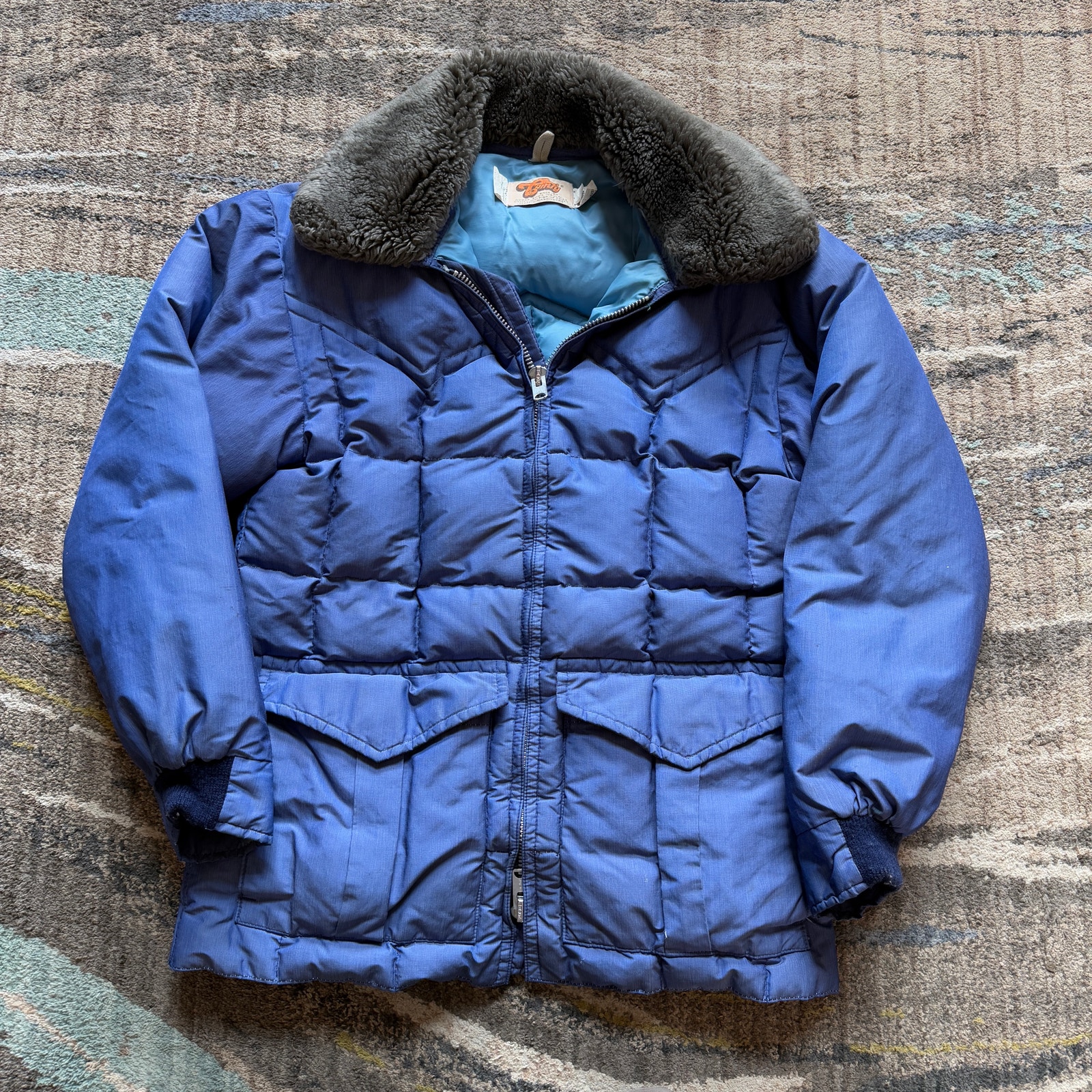 Men's Vintage 80's Comfy Goose Down Midnight Blue Puffer Jacket Coat Sz Medium