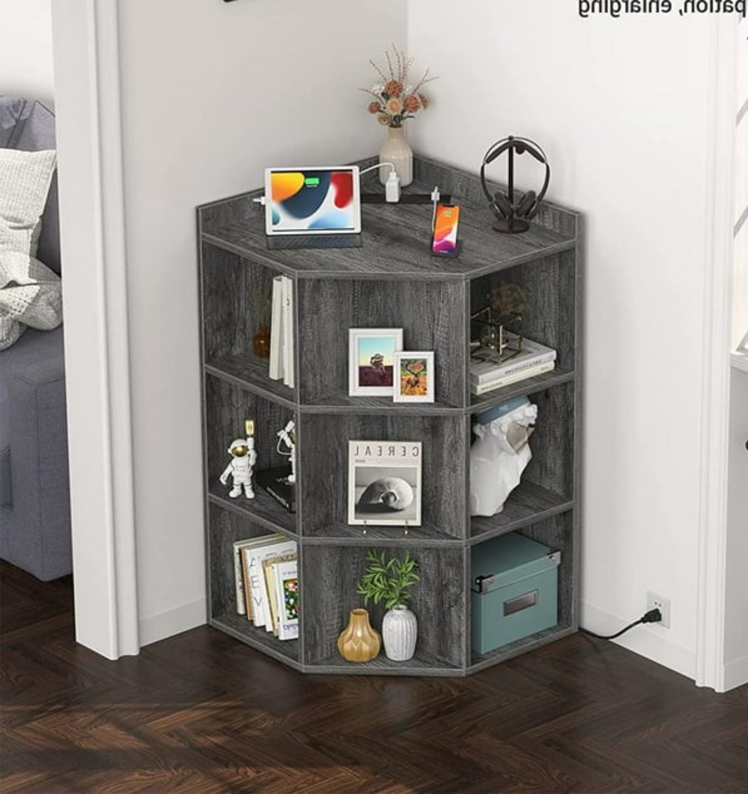 Wooden Cubby Corner Bookshelf with 9 Cubes for Playroom, Grey Oak
