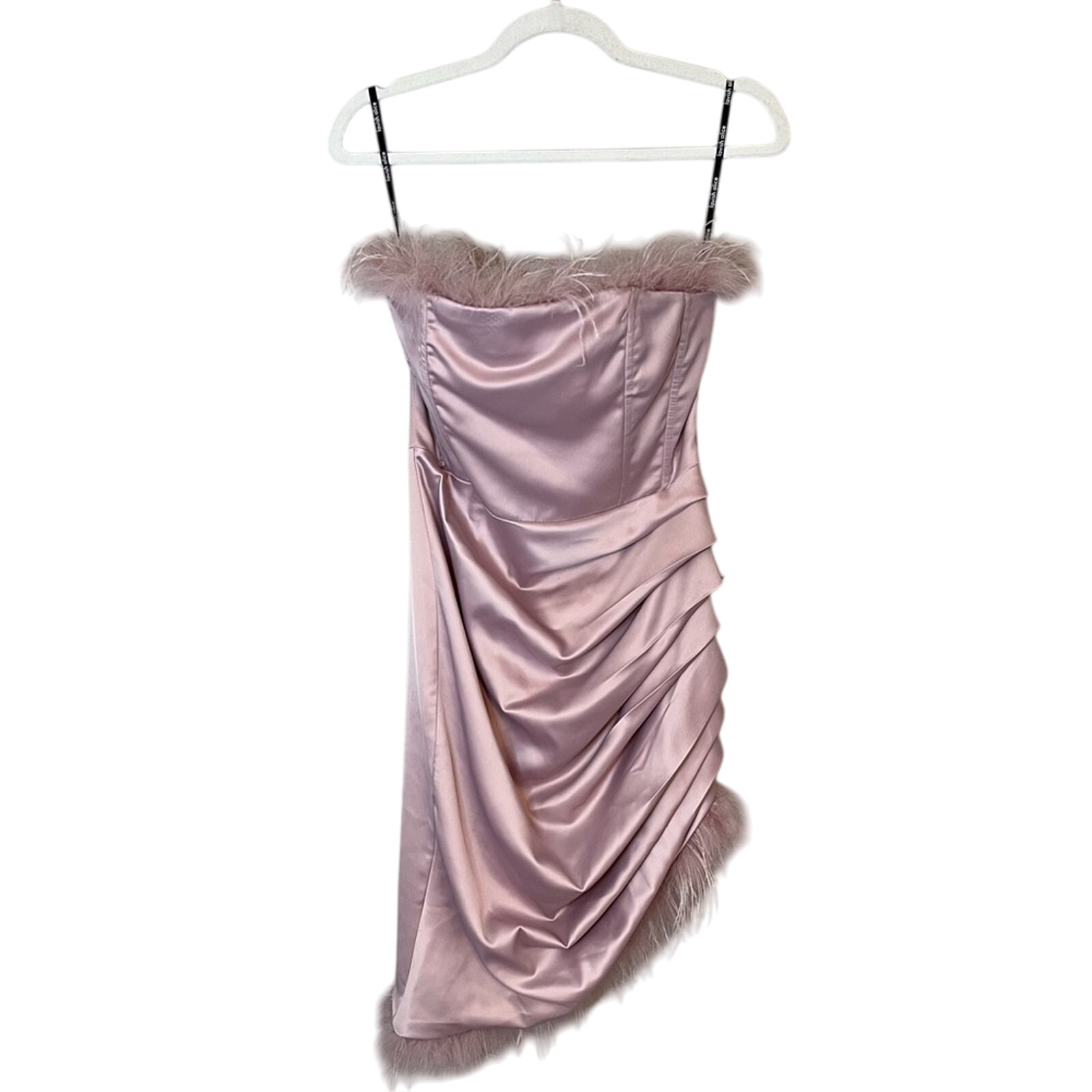 Lavish Alice Feather Trim Satin Asymmetric Ruched Strapless Dress Rose Pink US 6