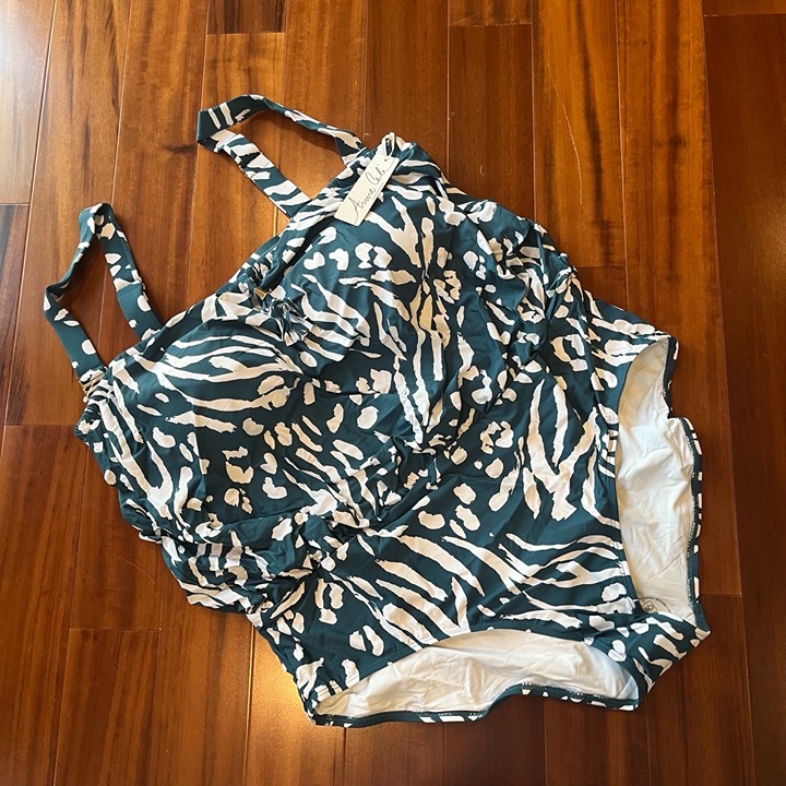 New NWT Anne Cole Blue Teal Swimsuit One-Piece Abstract Print Swim Plus Sz 22 W