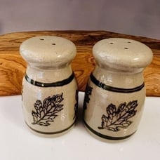 BBP Beaumont Brothers Pottery Stoneware Beige Green Salt Pepper Shakers Leaves