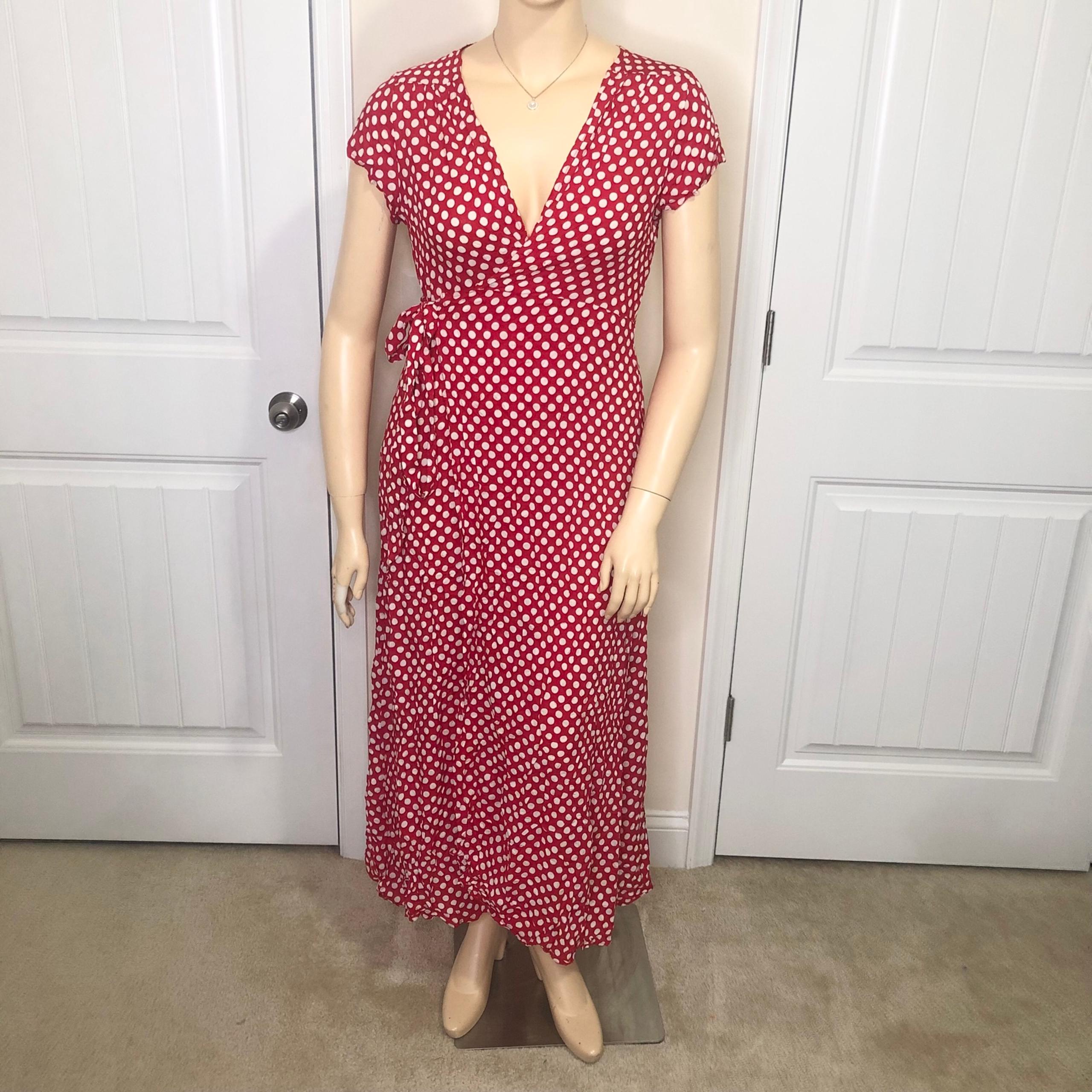 POLKA DOT Red & White Short Sleeve V-Neck Wrap Tie Side and Slit Long Dress