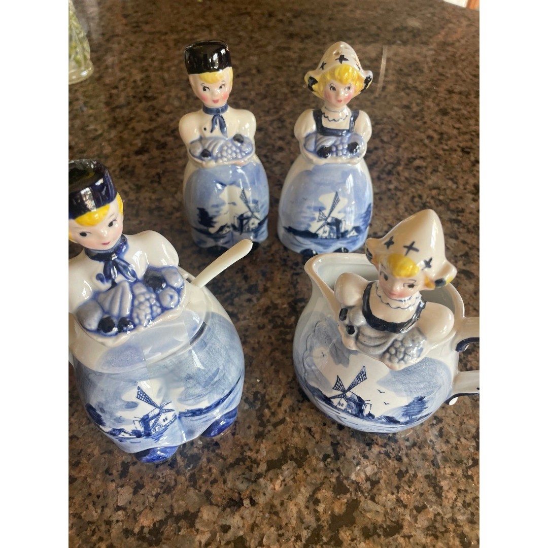 Vintage Delft Dutch girl salt pepper creamer sugar serving blue Japan Windmill