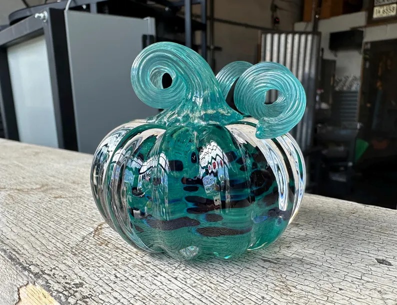 Transparent Turquoise Blue Spot Glass Pumpkin, Solid 3 Paperweight Gourd Sculpt