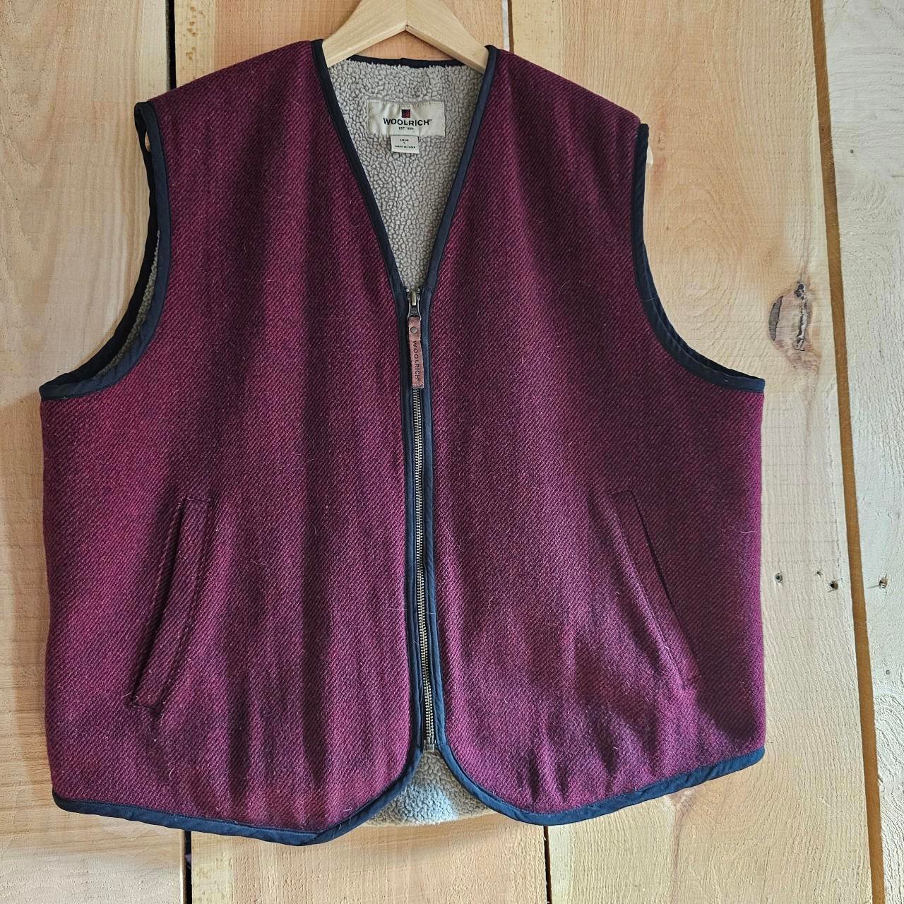 Woolrich Wool Vest Burgundy Red Large Sherpa Lined Pockets
