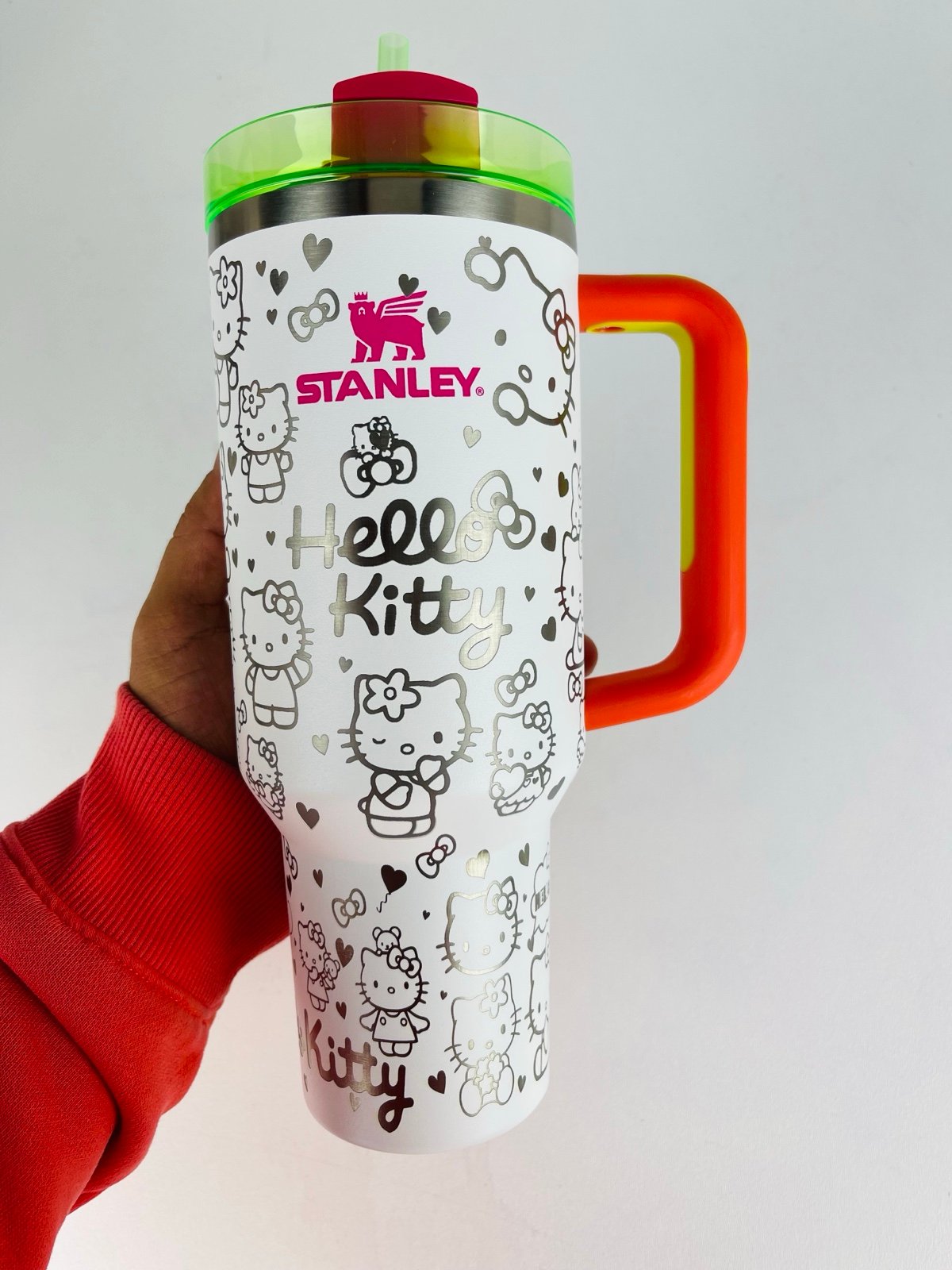 Stanley 40oz Tumbler Neon White Hello Kitty Laser Engraved